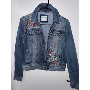 Mudd Womens Denim Jacket Medium Wash Floral Snake Embroidery Blue Size Small